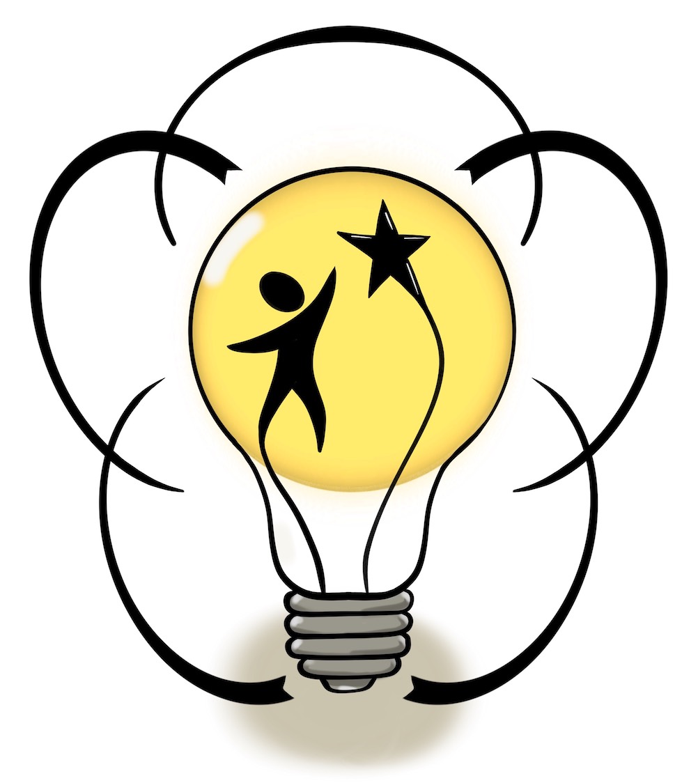 Yellow lightbulb containing a black stick figure reaching for a star, symbolizing creativity and a great idea.